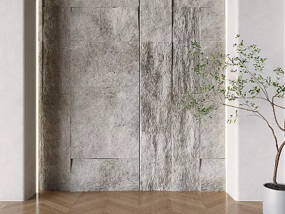 Gray Stone Textured Background Wall With Potted Green Plant And Herringbone Wooden Floor 3d model
