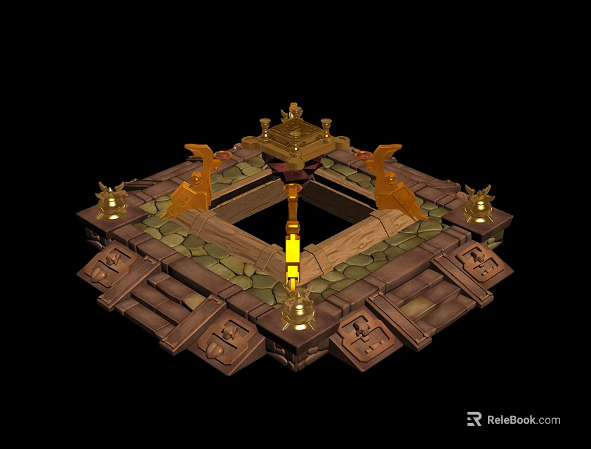 Ancient Altar 3D Model With Stone Steps Golden Decorations And Torches 3d model 