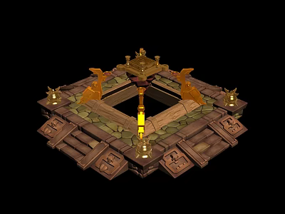 Ancient Altar 3D Model With Stone Steps Golden Decorations And Torches 3d model