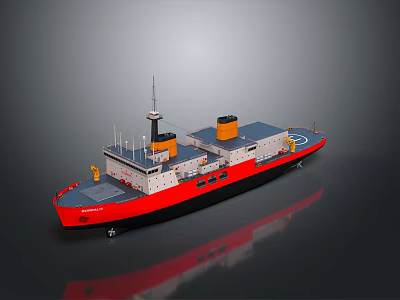Red And Gray Wooden Boat With Upper Deck Orange Chimneys And Reflective Surface 3d model