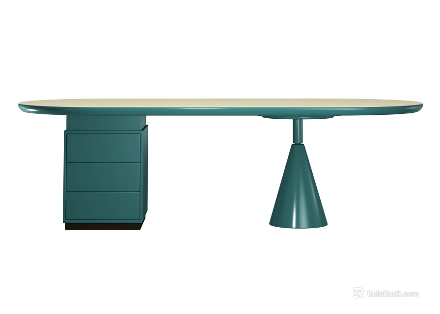 Teal Desk with Oval Top Drawer Unit and Conical Support Base 3d model