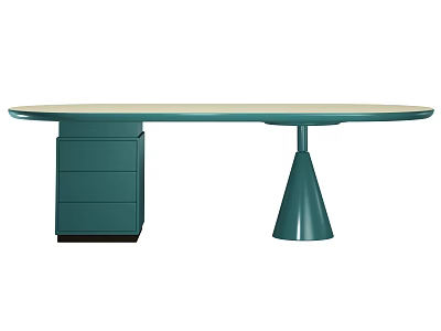 Teal Desk with Oval Top Drawer Unit and Conical Support Base 3d model