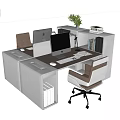 Modern Office Desk With Storage Compartments Computer Monitors Books Keyboard And Green Plant