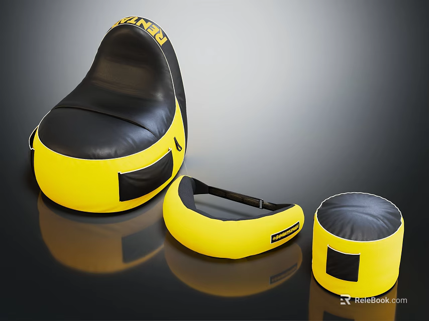 Yellow And Black Bean Bag Chair Set With Three Different Sizes For Home Living Room 3d model 
