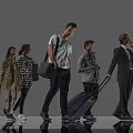 Group of People Walking with Luggage and Bags and Different Attires in Gray Background