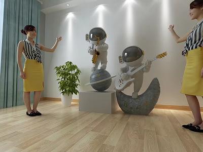Indoor Scene With Astronaut Figurines Playing Saxophone And Guitar On Earth And Moon Bases 3d model