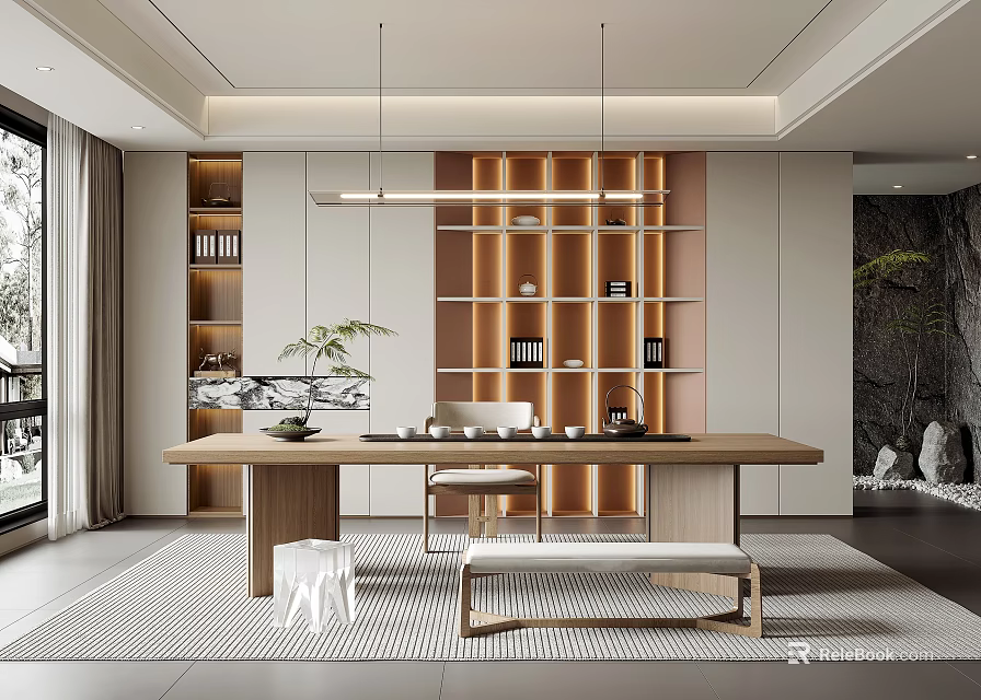 Modern Tea Room Interior Design With Wooden Long Table Bookshelves Hanging Lights And Plants 3d model 