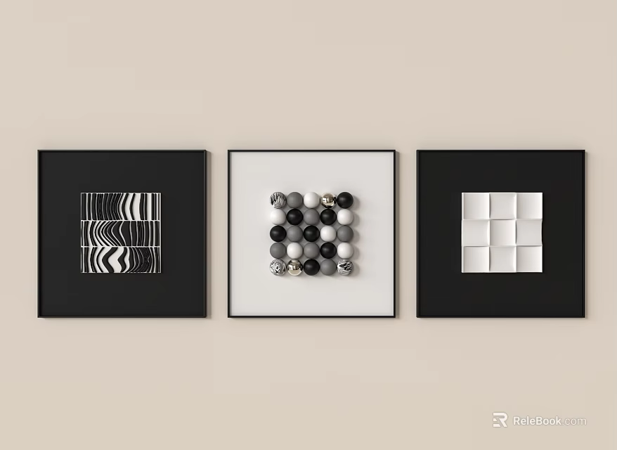 Modern Wall Decor With Black Framed Abstract Striped Circular And Square Design Patterns 3d model