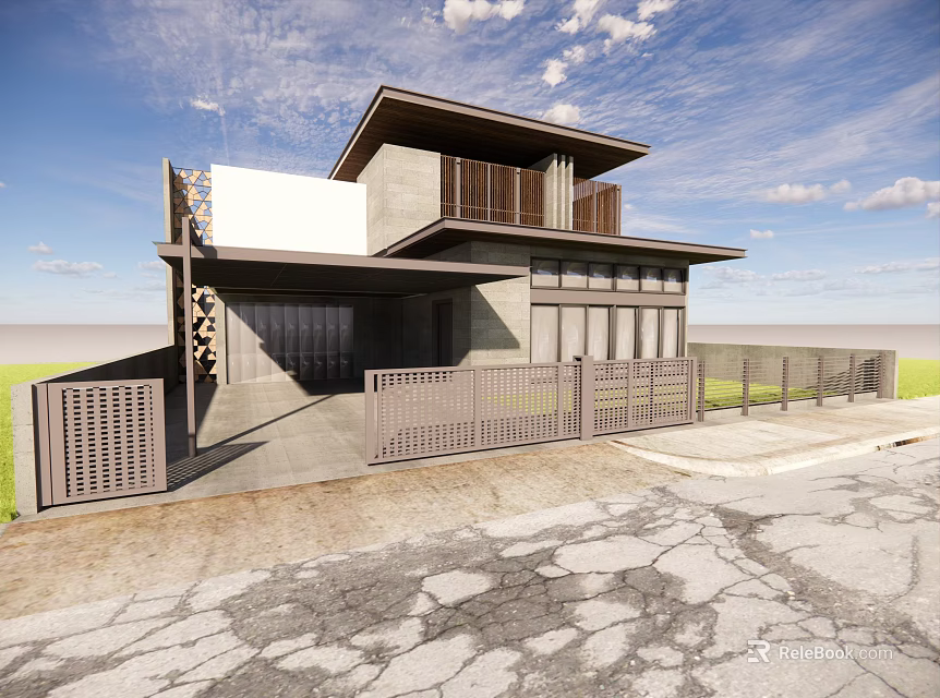 Modern Two Story Detached Villa With Concrete Exterior And Wooden Fence 3d model 