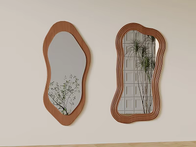 Two Decorative Mirrors With Irregular Wooden Frames Hanging On Wall Reflecting Plants 3d model
