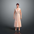 Stylish Female Model In Pink Sleeveless Dress Standing Against Gray Gradient Background