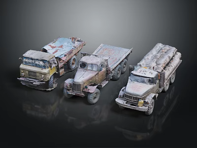 Three Old Rusty Vintage Trucks With Weathered Bodies Lined Up Together 3d model