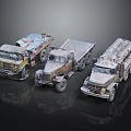 Three Old Rusty Vintage Trucks With Weathered Bodies Lined Up Together 3d model