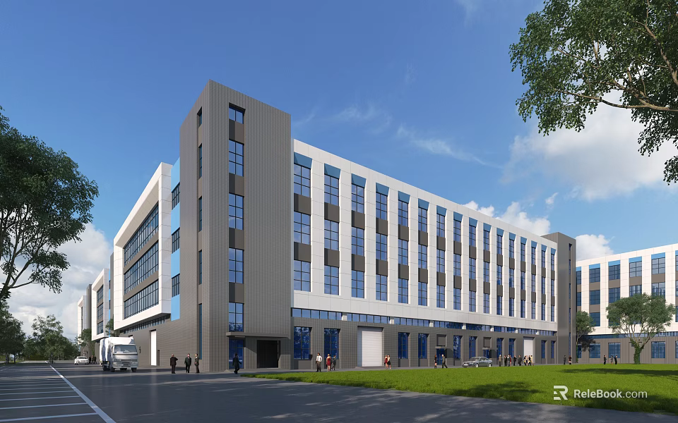 Modern Industrial Factory Building Exterior With Multistory Structure Large Windows Green Lawn And Road 3d model 