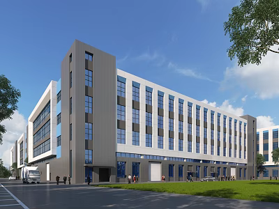 Modern Industrial Factory Building Exterior With Multistory Structure Large Windows Green Lawn And Road 3d model