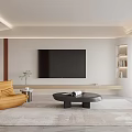 Modern Minimalist Living And Dining Area Interior With White Sofa Orange Armchair And Wine Rack