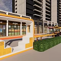 Modern Commercial Landscape With Yellow Canopies Benches Green Plants And High Rise Apartments