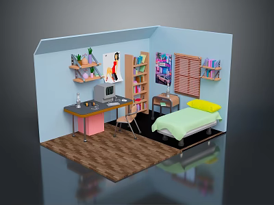 Bedroom Interior With Bed Desk Bookshelf Posters Wooden Floor And Window Blinds 3d model