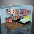 Bedroom Interior With Bed Desk Bookshelf Posters Wooden Floor And Window Blinds