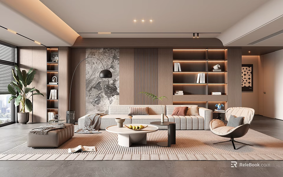 Modern Living Room Interior Design With Wooden Shelves Sofa Coffee Table And Decorative Painting 3d model 
