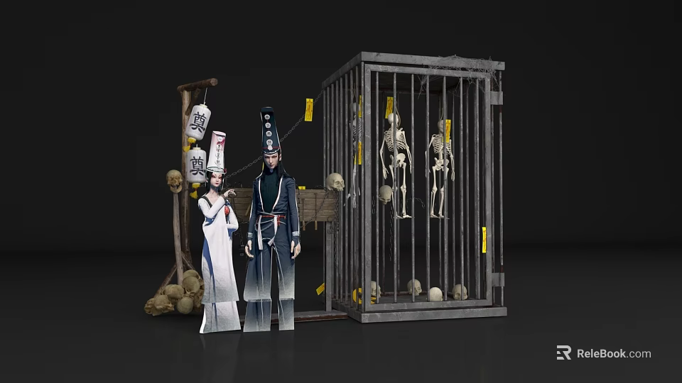 Spooky Themed Photo Spot With Traditional Costumed Figures Iron Cage Skeletons And Yellow Talismans 3d model 