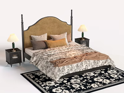 Double Bed with Beige Upholstered Headboard Nightstands Table Lamps and Black White Floral Rug 3d model