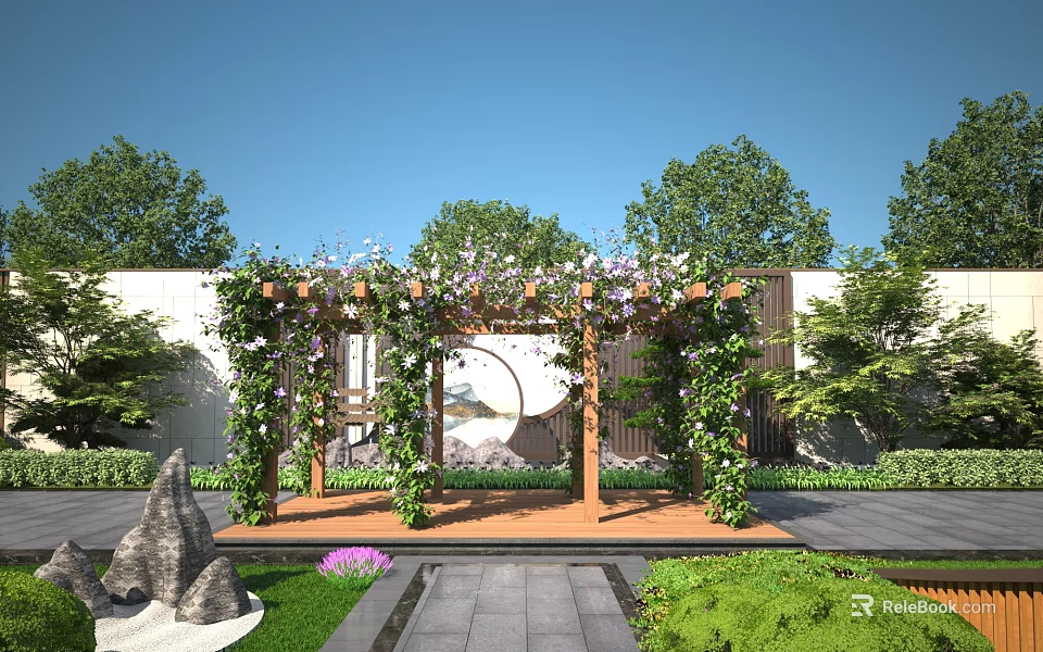 Modern Chinese Courtyard Landscape With Vines Covered Pergola Circular Decoration Purple Flowers And Stone Path 3d model 