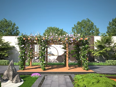 Modern Chinese Courtyard Landscape With Vines Covered Pergola Circular Decoration Purple Flowers And Stone Path 3d model