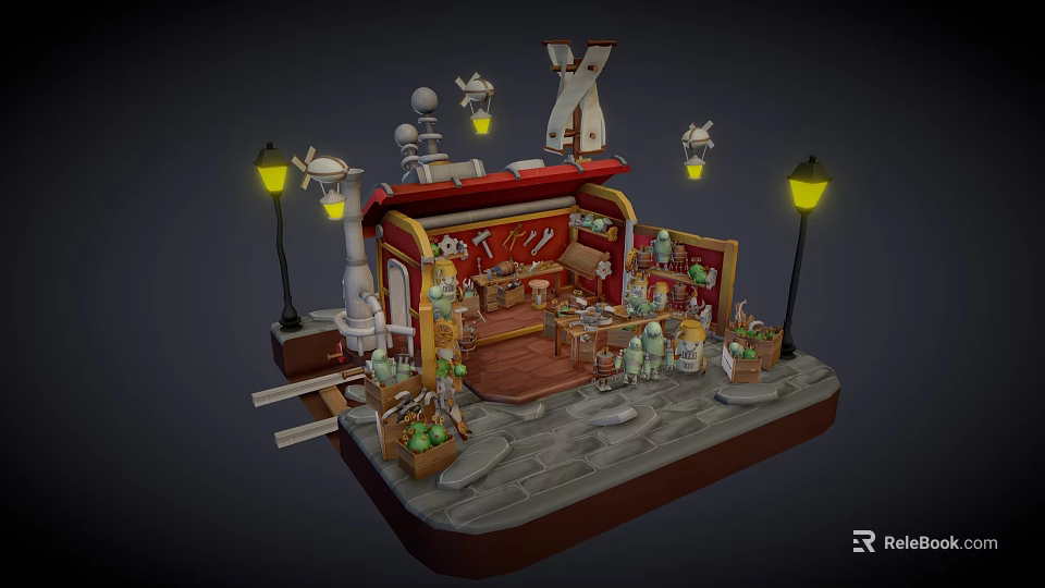 Cartoon Small Shop Scene With Stone Path Street Lamps Hanging Lanterns And Shelf Items 3d model 