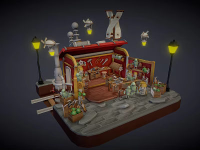 Cartoon Small Shop Scene With Stone Path Street Lamps Hanging Lanterns And Shelf Items 3d model