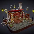 Cartoon Small Shop Scene With Stone Path Street Lamps Hanging Lanterns And Shelf Items