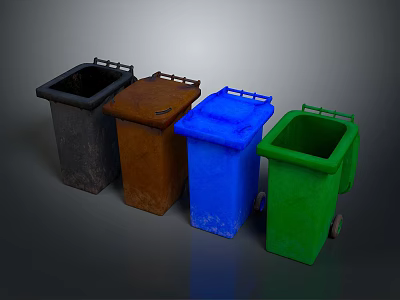 Assorted Colored Trash Bins Black Brown Blue Green Placed Side by Side on Gray Background 3d model