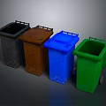 Assorted Colored Trash Bins Black Brown Blue Green Placed Side by Side on Gray Background