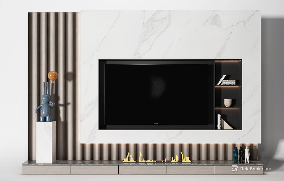 Elegant Modern TV Background Cabinet With Marble Wall Decorative Items And Lighting Strips 3d model 