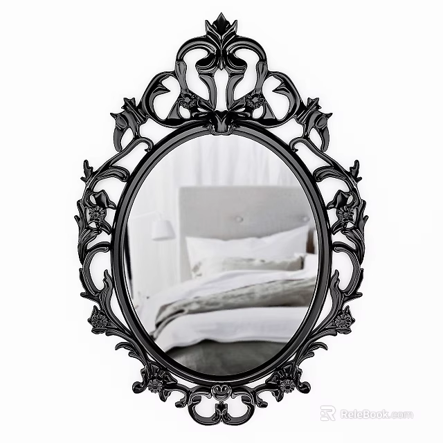 Ornate Black Oval Decorative Mirror Reflecting Bedroom With Bed Pillows And Bedside Lamp 3d model 
