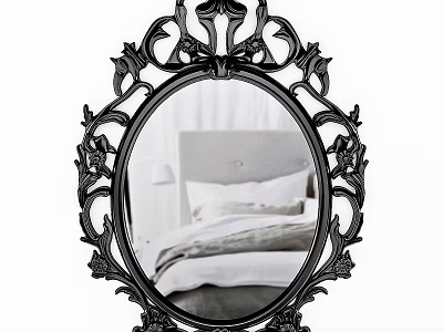 Ornate Black Oval Decorative Mirror Reflecting Bedroom With Bed Pillows And Bedside Lamp 3d model