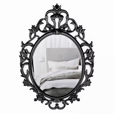Ornate Black Oval Decorative Mirror Reflecting Bedroom With Bed Pillows And Bedside Lamp 3d model