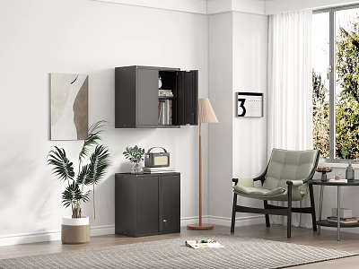 Living Room Interior with White Walls Black Cabinet Green Chair Floor Lamp Plant and Window 3d model