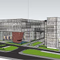 Modern Industrial Park Building Featuring Glass Curtain Wall Red Brick Structure And Greenery