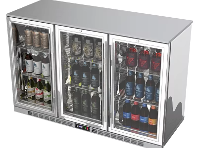 Commercial Three Door Glass Door Refrigerator Freezer with Stainless Steel Finish and Beverages 3d model