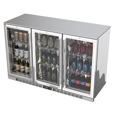 Commercial Three Door Glass Door Refrigerator Freezer with Stainless Steel Finish and Beverages 3d model