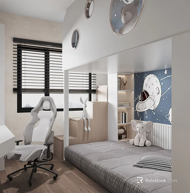 Kids Room With Space Themed Wall Bed Desk Chair Stuffed Toys And Window Blinds 3d model 