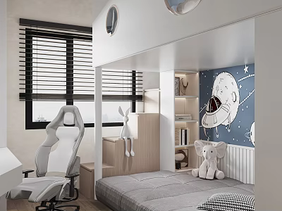 Kids Room With Space Themed Wall Bed Desk Chair Stuffed Toys And Window Blinds 3d model