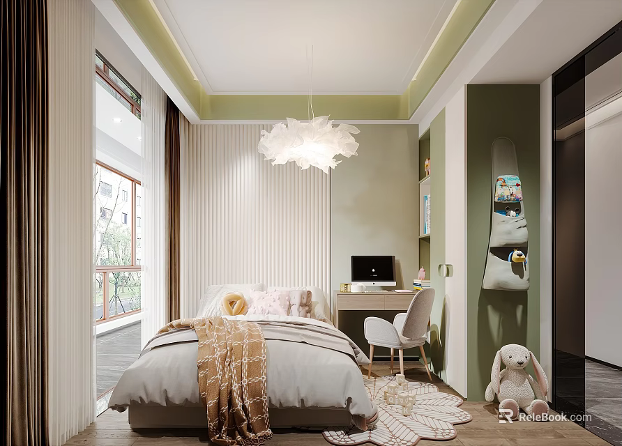 Cozy Kids Room Interior Design With Green Walls Bed Desk Chair Plush Rabbit And Chandelier 3d model 