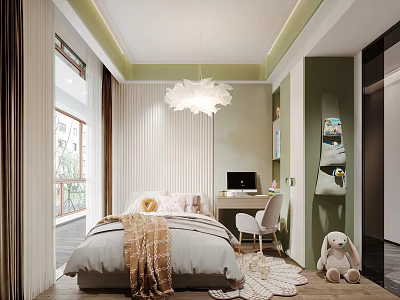 Cozy Kids Room Interior Design With Green Walls Bed Desk Chair Plush Rabbit And Chandelier 3d model