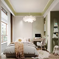 Cozy Kids Room Interior Design With Green Walls Bed Desk Chair Plush Rabbit And Chandelier