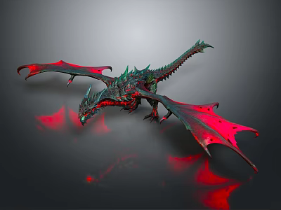 3D Rendered Red And Green Dragon With Wings On Gray Background Red Reflections 3d model