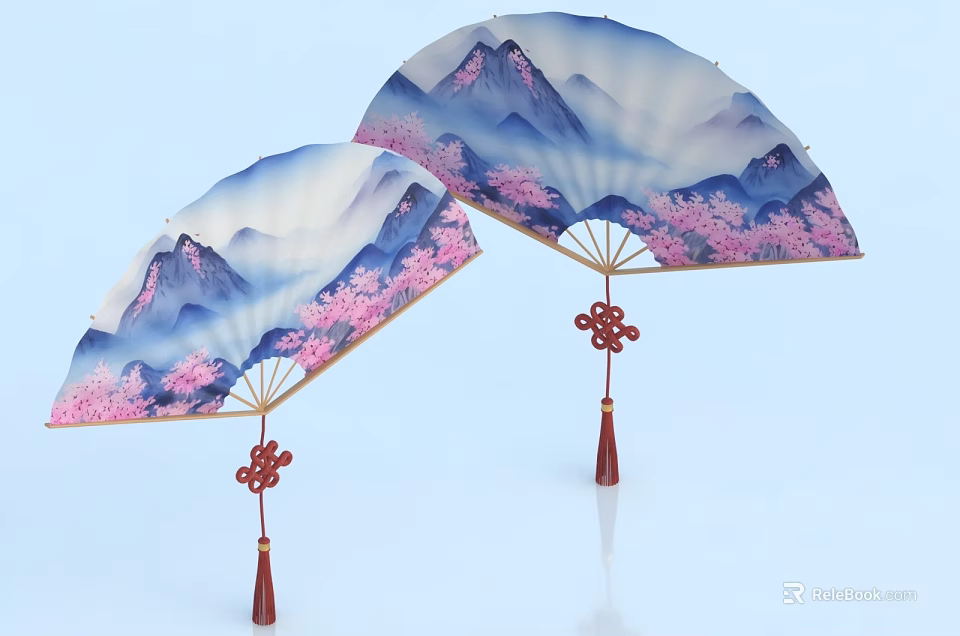 Chinese Hanging Fans Decor with Mountain Landscape Pink Cherry Blossoms and Red Chinese Knot Tassels 3d model 