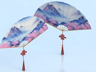 Chinese Hanging Fans Decor with Mountain Landscape Pink Cherry Blossoms and Red Chinese Knot Tassels 3d model