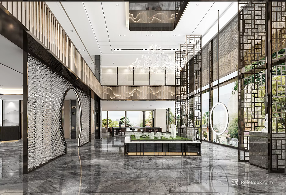 Modern Property Sales Office Spacious Interior With Wooden Grilles Marble Flooring And Large Windows 3d model 